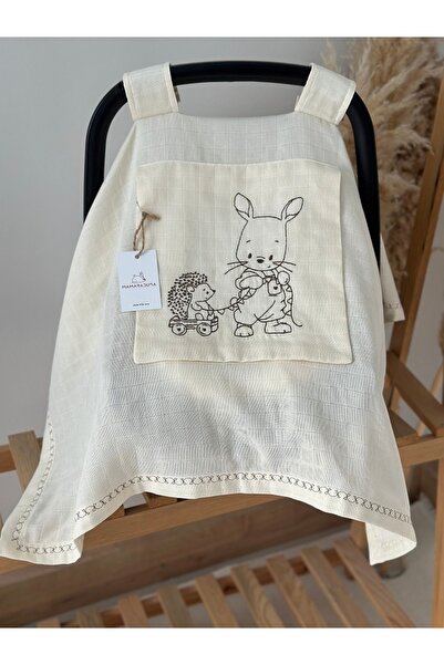 MAMARADUGA Single Layer Muslin Embroidered Stroller Cover + Stroller Cushion + Double Layer Embroidered Blanket - Cream Hedgehog-Rabbit