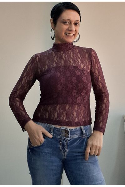 Mertcan Butik Tricou bluză din dantelă cu mânecă lungă, cu gât țestoasă