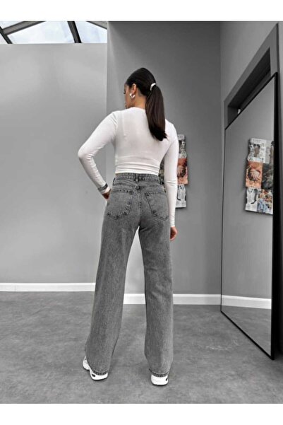 geenz manifacture Emma 90S Grey Lycra Palazzo Jeans - High Waist, Wide Leg Loose Pants