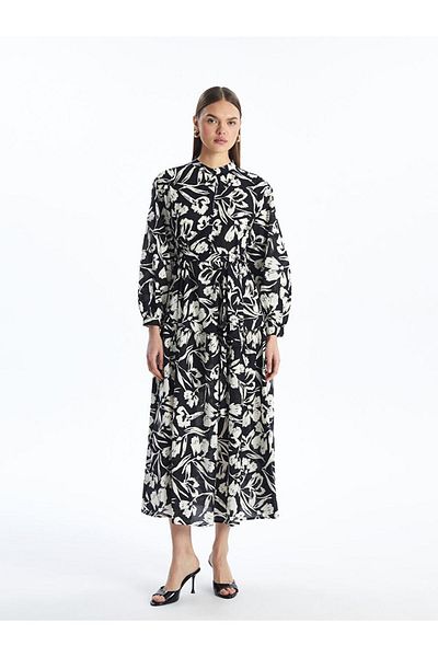 LC Waikiki Rochie de damă cu guler negru modest, florală