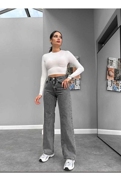 geenz manifacture Blugi Palazzo din Lycra gri din anii 90 Emma - Pantaloni largi cu talie înaltă