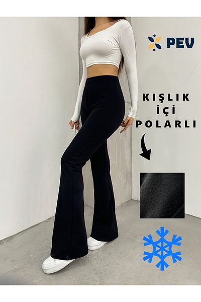 CNRCollection Women's Black High Waist Lycra Gathering Fleece Inside Crepe Fabric Winter Flare Leg Leggings Trousers