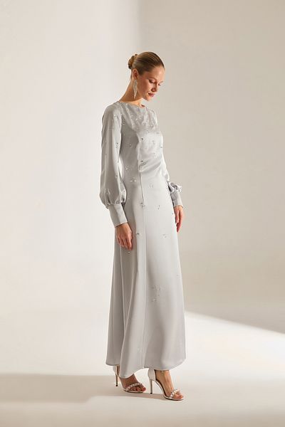 BETTY & SAM Maddie Midi Long Sleeve Light Grey Evening Gown