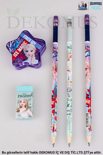 DEKOMUS ELSA FROZEN LICENȚIAT 3 BUCĂȚI CREIONE DE ȘTERGĂ, SET DE ȘTERGĂTOR DE STELE PENTRU PENĂ ȘI ȘTERGĂTOR