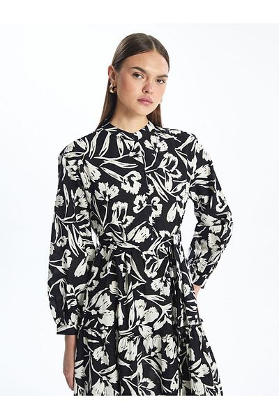 LC Waikiki Rochie de damă cu guler negru modest, florală