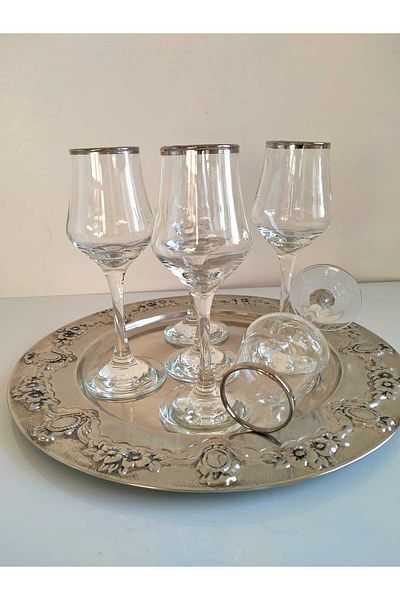 P H Panayır Home Silver Gilded Coffee Glass Water Cup Set with 6 Glass Dowry Pots