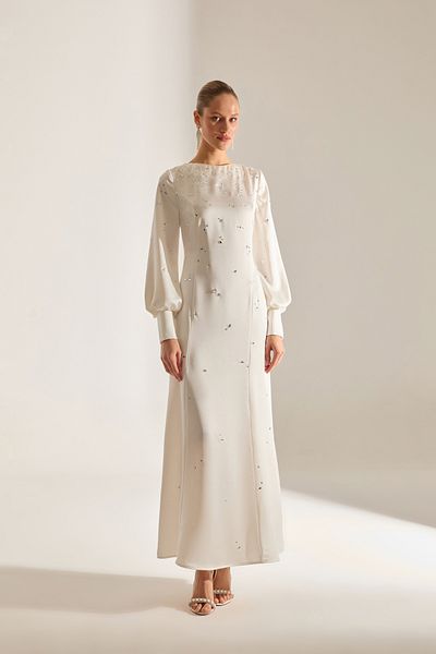 BETTY & SAM Maddie Midi Long Sleeve White Evening Gown