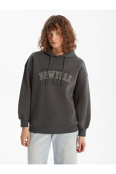 LC Waikiki Γυναικείο χοντρό φούτερ Lcw Vision Grey New York με στάμπα Oversize