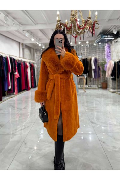 missswans Dora Long Belted Yak Sleeve Detailed Vip Imported Fur Orange