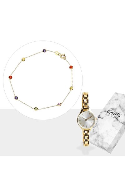 Glorria Altın Sıra Taşlı Bileklik - Saatli Hediye Seti - Cm0069-hs