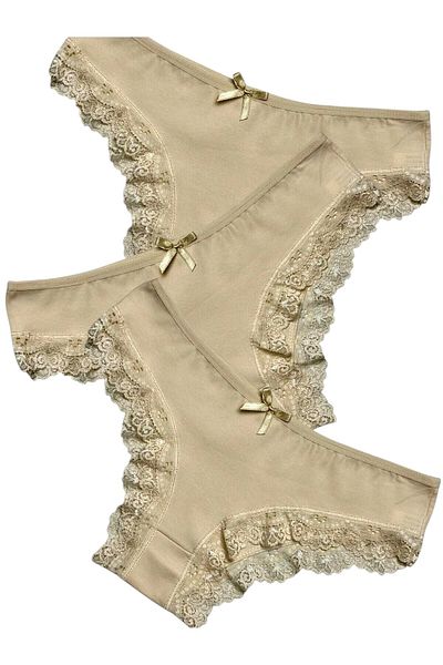 Gizli Butik 3-Piece Women's Lace Detailed Cotton Bikini Panties Skin