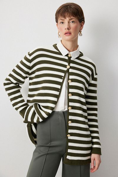 Touché Privé Gold Buttoned Striped Long Cardigan