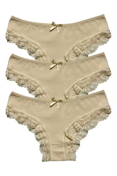 Gizli Butik 3-Piece Women's Lace Detailed Cotton Bikini Panties Skin