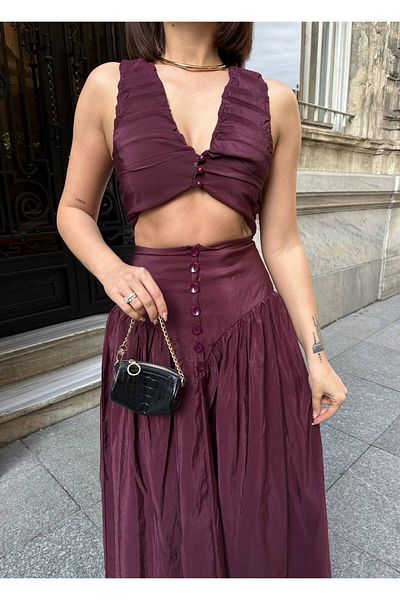 Bak'ap Waist Corset Detailed Buttoned Flared Skirt Bustier 2-Piece Set