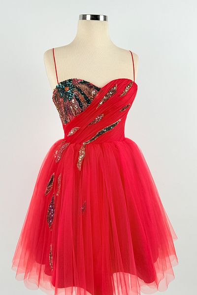 Lenta Moda Mini Evening Dress and Evening Dress with Red Draped and Colorful Lace Detail