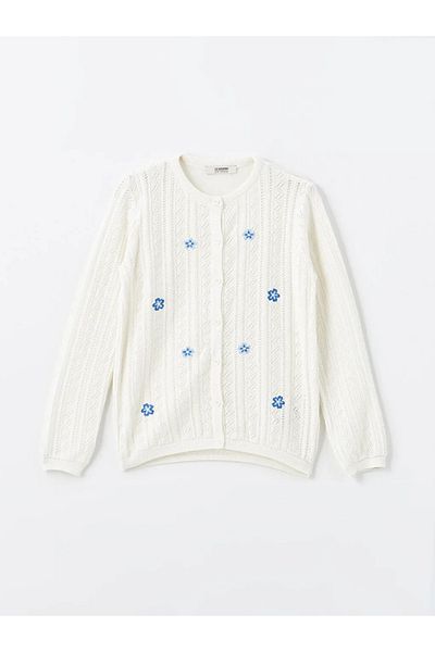 LC Waikiki Cardigan pentru fete LCW Kids Ecru cu decolteu cu flori brodate