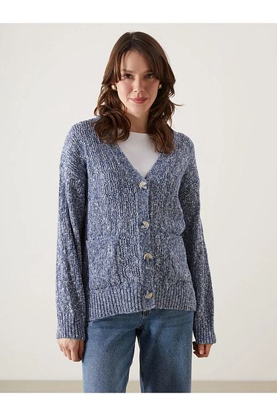 LC Waikiki LCWAIKIKI Klassische blaue durchbrochene Damen-Strickjacke mit V-Ausschnitt