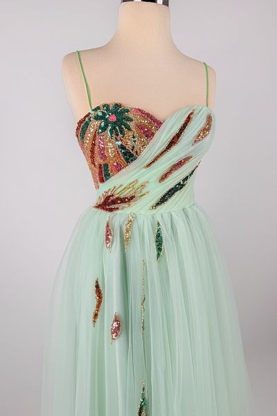 Lenta Moda Midi Length Evening and Evening Dress with Water Green Draped and Colorful Lace Detail