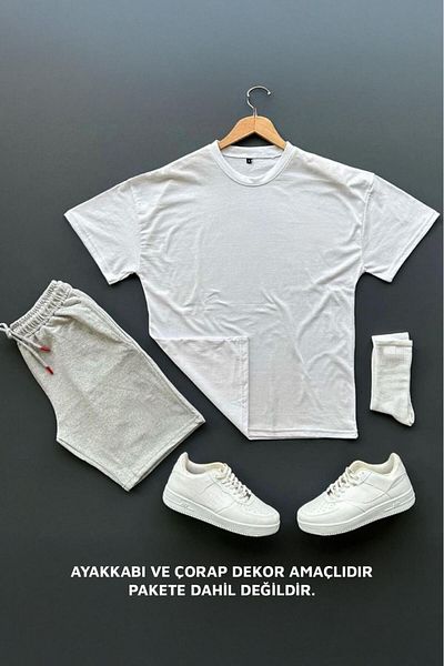 woonkey Unisex Combed Cotton White T-Shirt White Shorts 2-Piece Set Oversize Set