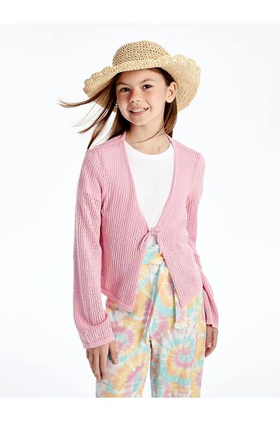 LC Waikiki Lcw Kids Pink V-Neck Openwork Girl's Knitwear Cardigan