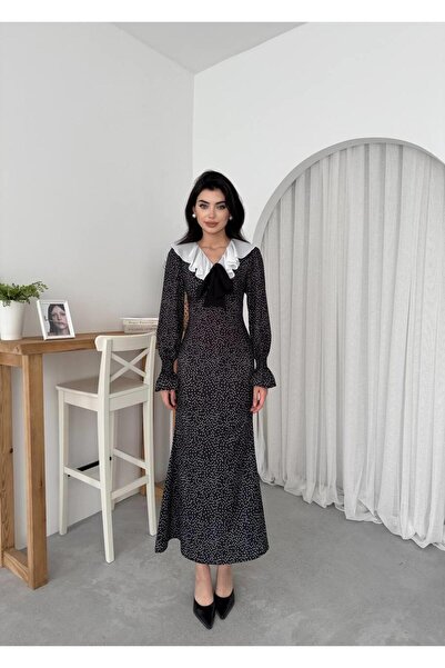 conconmoda Roza Puantiyeli Fırfır Detay Yaka Uzun Elbise