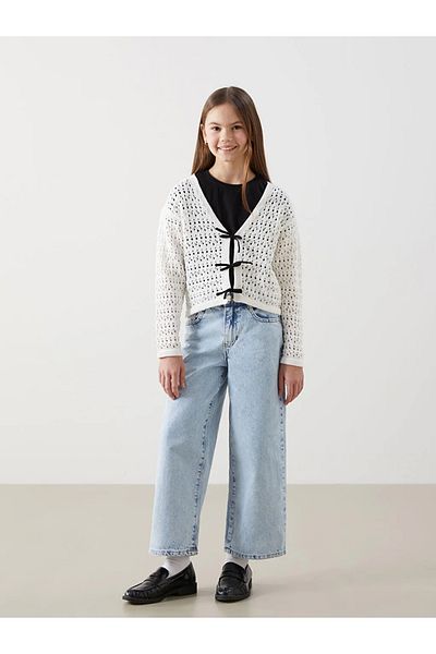 LC Waikiki Lcw Kids Ecru V-Neck Openwork Girl's Knitwear Cardigan