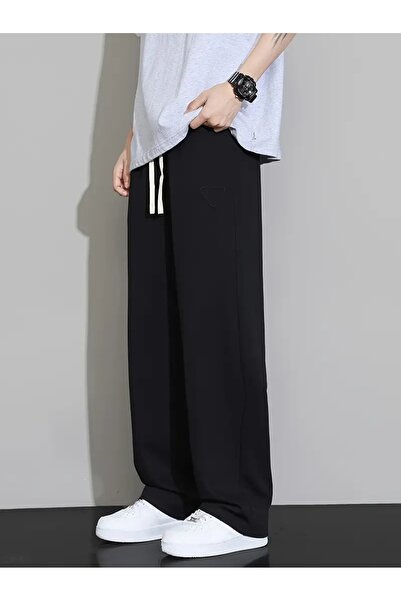 yx yustex sport Erkek Siyah Yıkamalı Kumaş Parlak Siyah Düz Paça Baggy Kalıp ...