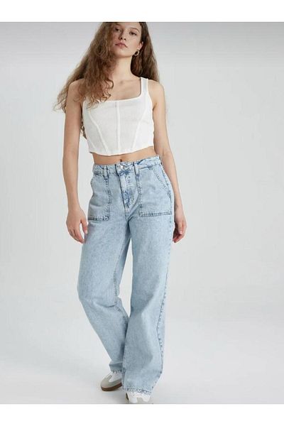 topshop moto Jean Palazzo de damă albastru cu spălat zăpadă