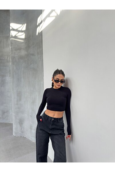 veres Дамска черна памучна блуза с дълъг ръкав и кръгло деколте