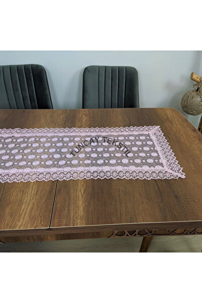 TUNCAY TEKSTİL Papatya Desen Güpürlü Polyester Runner Ranır Sehpa Masa Örtüsü Fransız Güpür Örtü Pudra Pembe