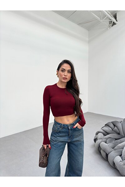 veres Γυναικεία μπορντό βαμβακερή μακρυμάνικη λαιμόκοψη Basic Crop μπλούζα