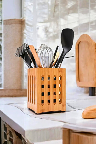 Woodcept Διακοσμητική τετράγωνη θήκη για κουτάλια από μπαμπού, οργάνωση πάγκου κουζίνας από μπαμπού 10x15 εκ.