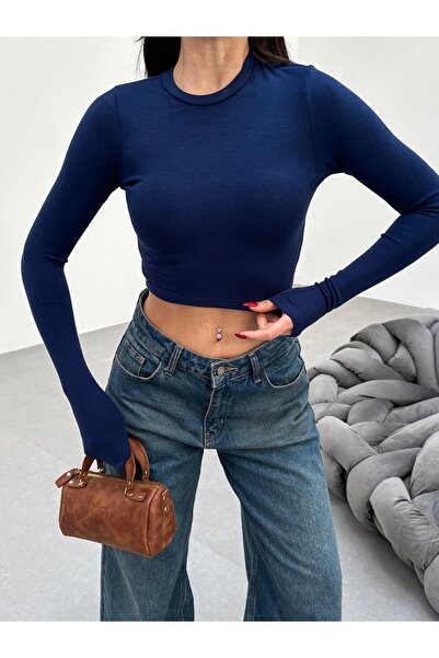 veres بلوزة نسائية من القطن باللون الأزرق الداكن بأكمام طويلة ورقبة دائرية