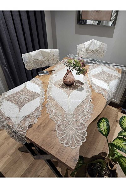 Tekstilife مجموعة لوكس مكونة من 5 قطع - منسوجات منزلية: مفرش مخملي - 135X43 شومين - 92X40 منديل - 40X40