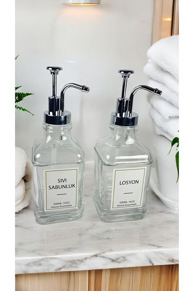 homsel Stylish and Modern Set of 2 Glass Liquid Soap Dispensers - Ideal for Kitchen and Bathroom