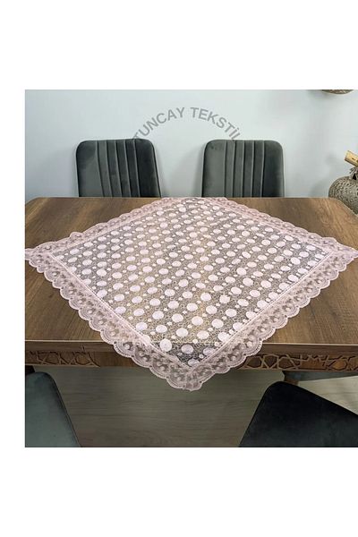 TUNCAY TEKSTİL Daisy Pattern Laced Polyester Square Fiskos Coffee Table Tablecloth French Guipure Model Cloth Powder Pink