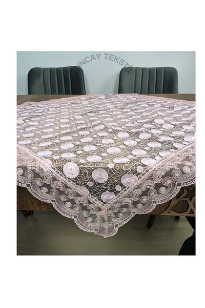 TUNCAY TEKSTİL Daisy Pattern Laced Polyester Square Fiskos Coffee Table Tablecloth French Guipure Model Cloth Powder Pink