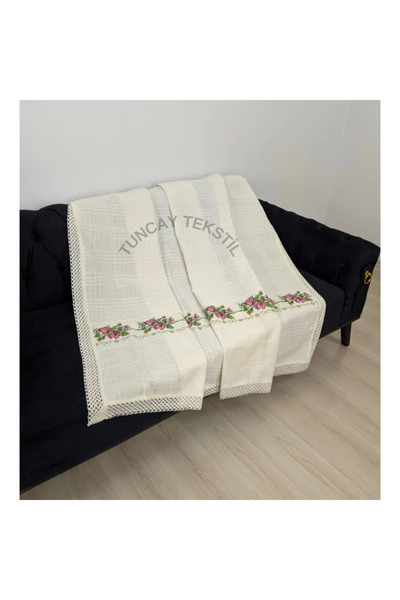 TUNCAY TEKSTİL 300 Cm Red Cross Stitch Embroidered Canvas Sofa Bed Sofa Cover