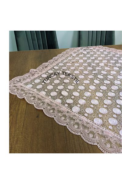 TUNCAY TEKSTİL Daisy Pattern Laced Polyester Square Fiskos Coffee Table Tablecloth French Guipure Cover Powder Pink