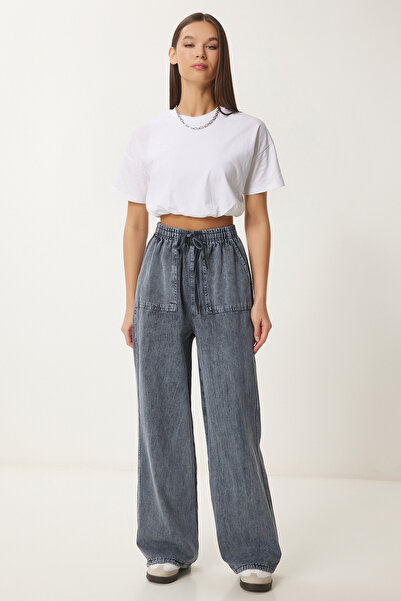 Lovelyİstanbul Denim Palazzo Trousers with Wide Leg and Pale Effects - Anthracite Lmx0071