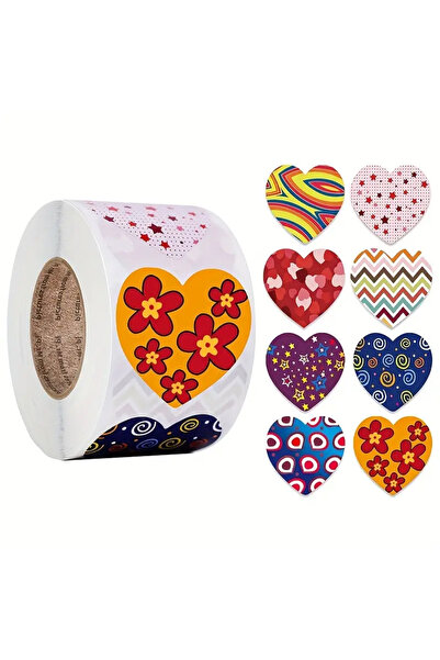 hdcw 500 ADET 2.5cm RULO YAPIŞKANLI RENKLİ DESENLİ KALP STICKER ETİKET HEDİYE PAKETLEME