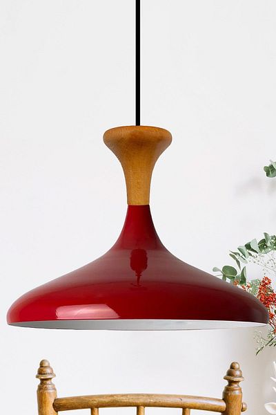 Bamyum Champion-Holz Industrial Vintage Hängelampe  35 cm, Rot Metall Pendelleuchte