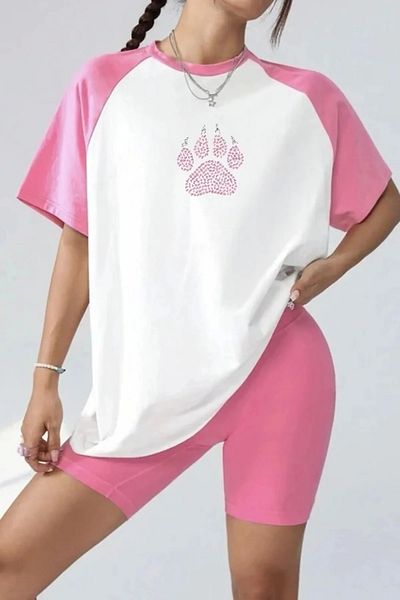 Gofeel Ροζ και Λευκό Raglan μανίκι Oversize Paw Tshirt