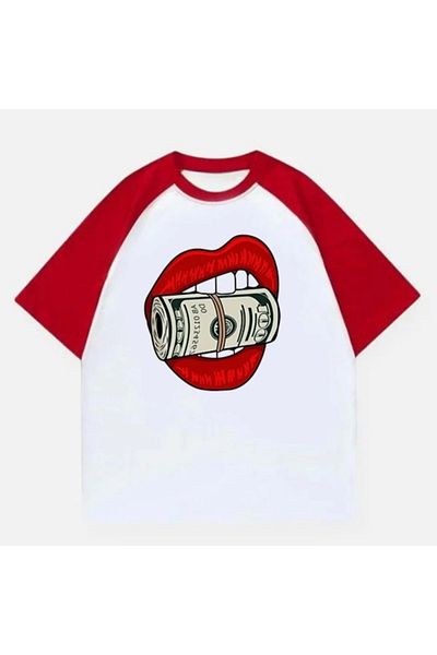 Gofeel Κόκκινο και λευκό μπλουζάκι με μανίκια Raglan Lips Dollar