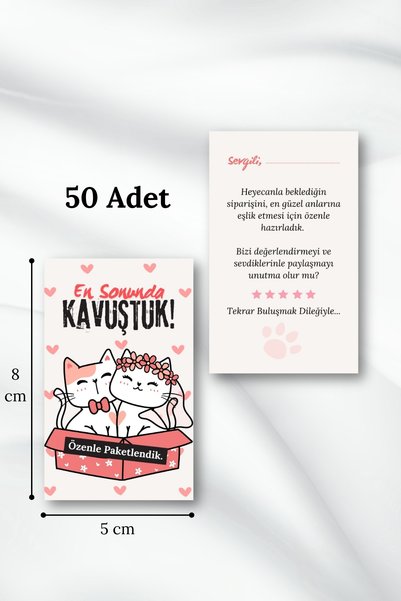 Metranya 50 Adet Arkalı Önlü Kavuştuk Teşekkür Kartı Sipariş Kartı Tebrik Kartı Paketleme Kartı Kargo Kartı