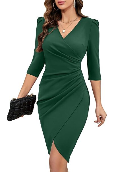 Esse Jeffe Kadın Elbise V Yaka Kollu Bodycon Abiye Mezuniyet Balo Nişan Kına Düğün Parti Kokteyl İş Elbisesi