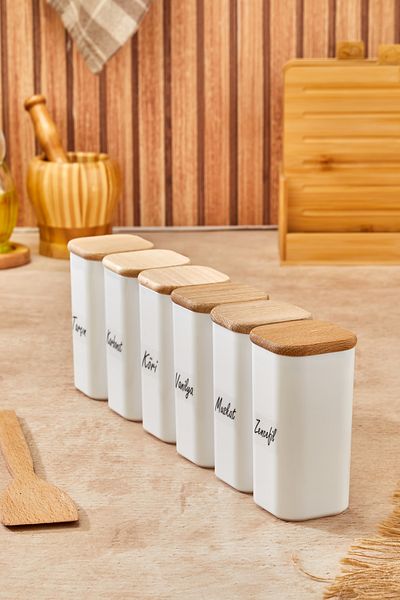 FBZhome 6-Piece Wooden Bamboo Lid 300 ml Mica Storage Container Spice Rack with Label