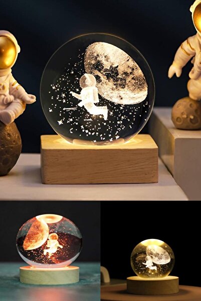 Yu Su Tools Ay ve Astronot Temalı 7 Renk Değiştiren Işıklı Cam Küre, Dekoratif ve Sevimli Gece Lambası Hediyesi!