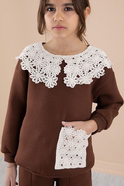 Cansın Mini Brown Lace Collar Raised Girl's Tracksuit Set 20241