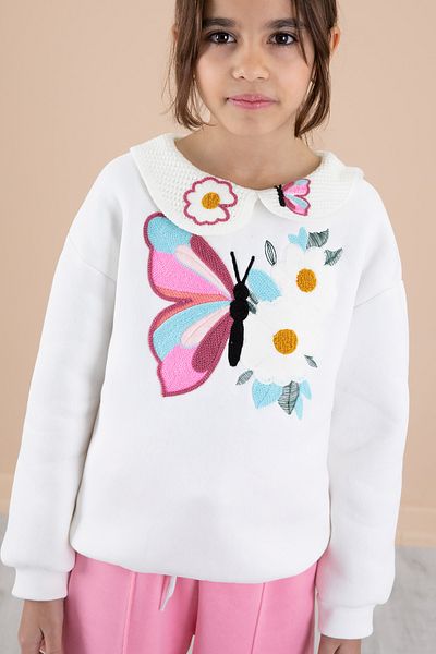 Cansın Mini Ecru Butterfly Embroidery Lace Collar Raster Girls' Tracksuit Set 20240